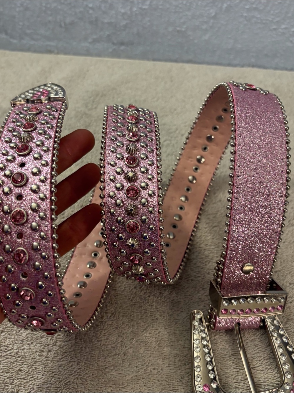 Women’s Western Boho Silver Pink Rhinestones Belt SZ 34” Beaded LNC